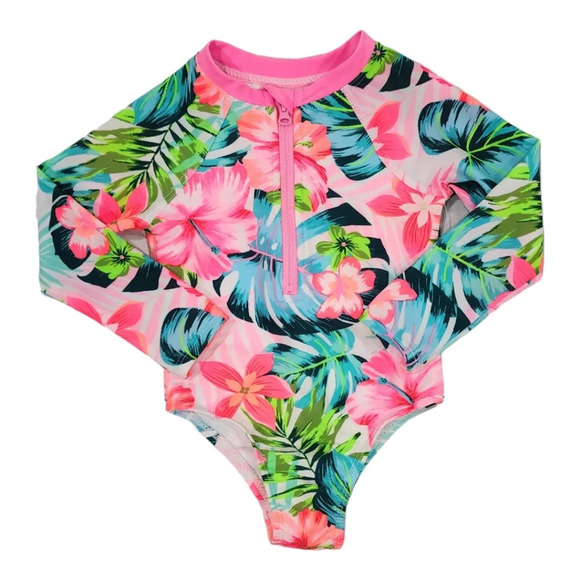 Wonder Nation Tropical Floral Coral Aqua One-Piece Rash Guard Swimsuit Size 18m - Picture 3 of 5